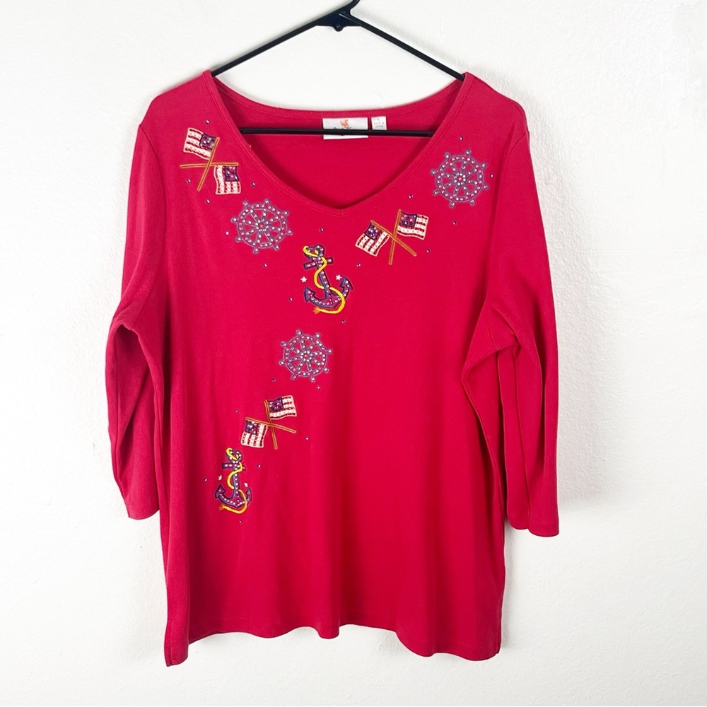 QUACKER FACTORY Red Long Sleeves Embellished Beaded Patriotic Top, Size Large